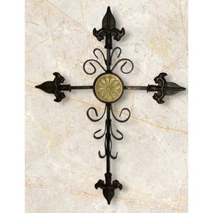 Bronze Wrought Iron Large Heavy Fleur De Lis Cross Ready To Hang 19” X 14”